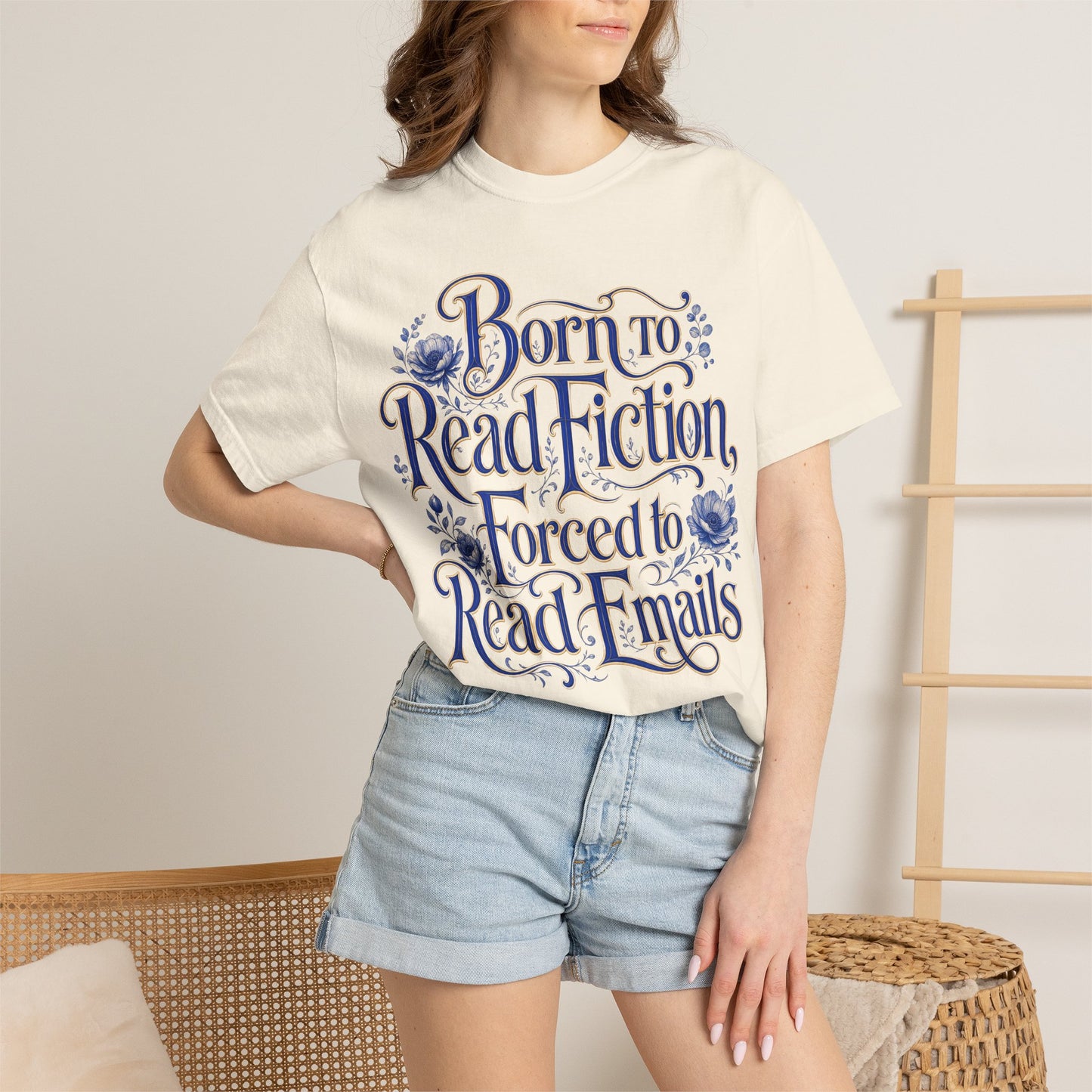 “Born to Read Fiction, Forced to Read Emails” T-Shirt – Book Lover Graphic Tee on Comfort Colors Natural
