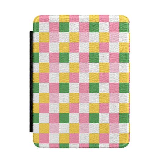 Cottagecore Checker Kindle Case – Green Pink Yellow Checkered Aesthetic E-Reader Cover for Book Lovers