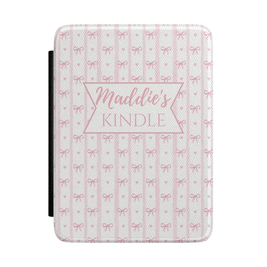 Personalized Coquette Kindle Case – Pink Bow Pattern Custom Name Aesthetic E-Reader Cover for Book Lovers