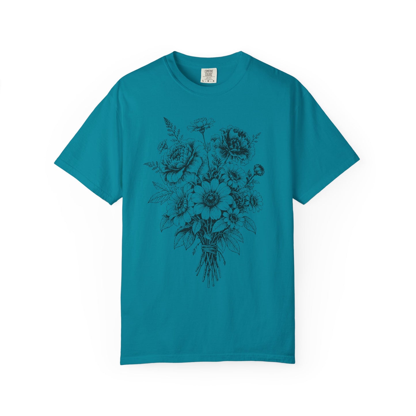 Cottagecore Bouquet T-Shirt – Linocut Vintage Floral Graphic Tee on Comfort Colors for Garden Lovers