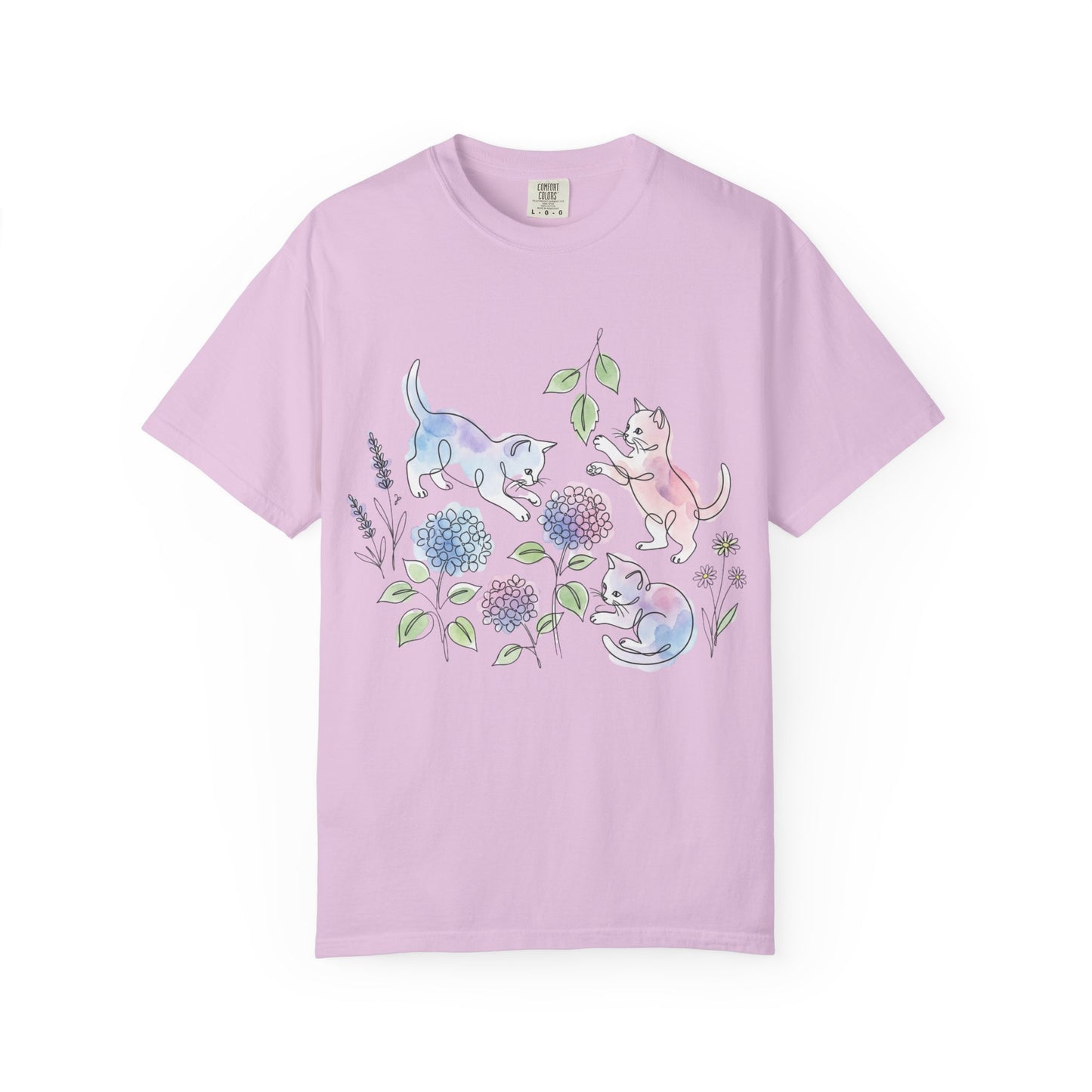 Cottagecore Kitten T-Shirt – Watercolor Floral Cat Graphic Tee on Comfort Colors for Cat & Garden Lovers