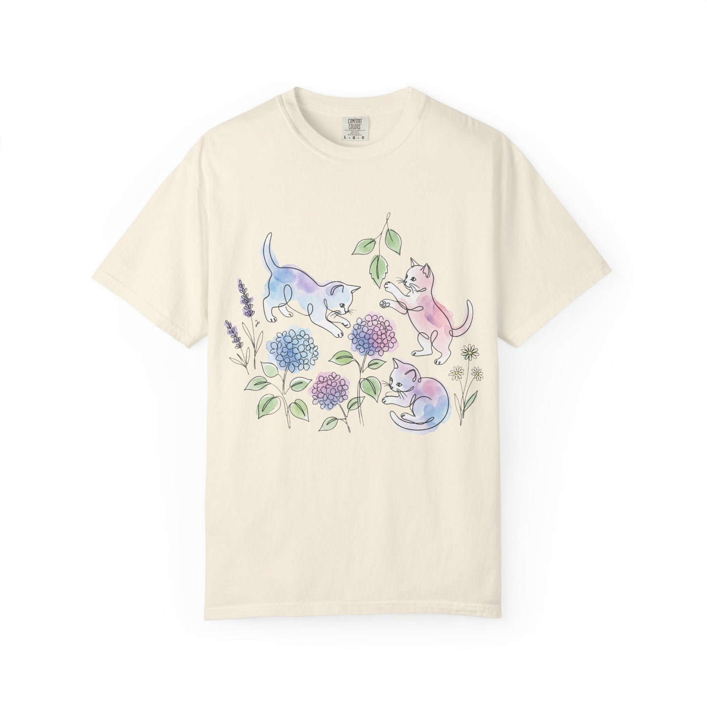 Cottagecore Kitten T-Shirt – Watercolor Floral Cat Graphic Tee on Comfort Colors for Cat & Garden Lovers