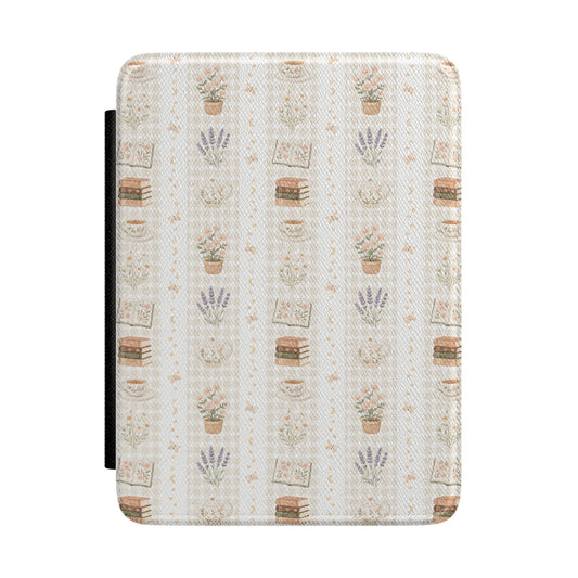 Coquette Book Kindle Case – Pink & Brown Stripe Books and Teapots Aesthetic E-Reader Cover for Cozy Readers