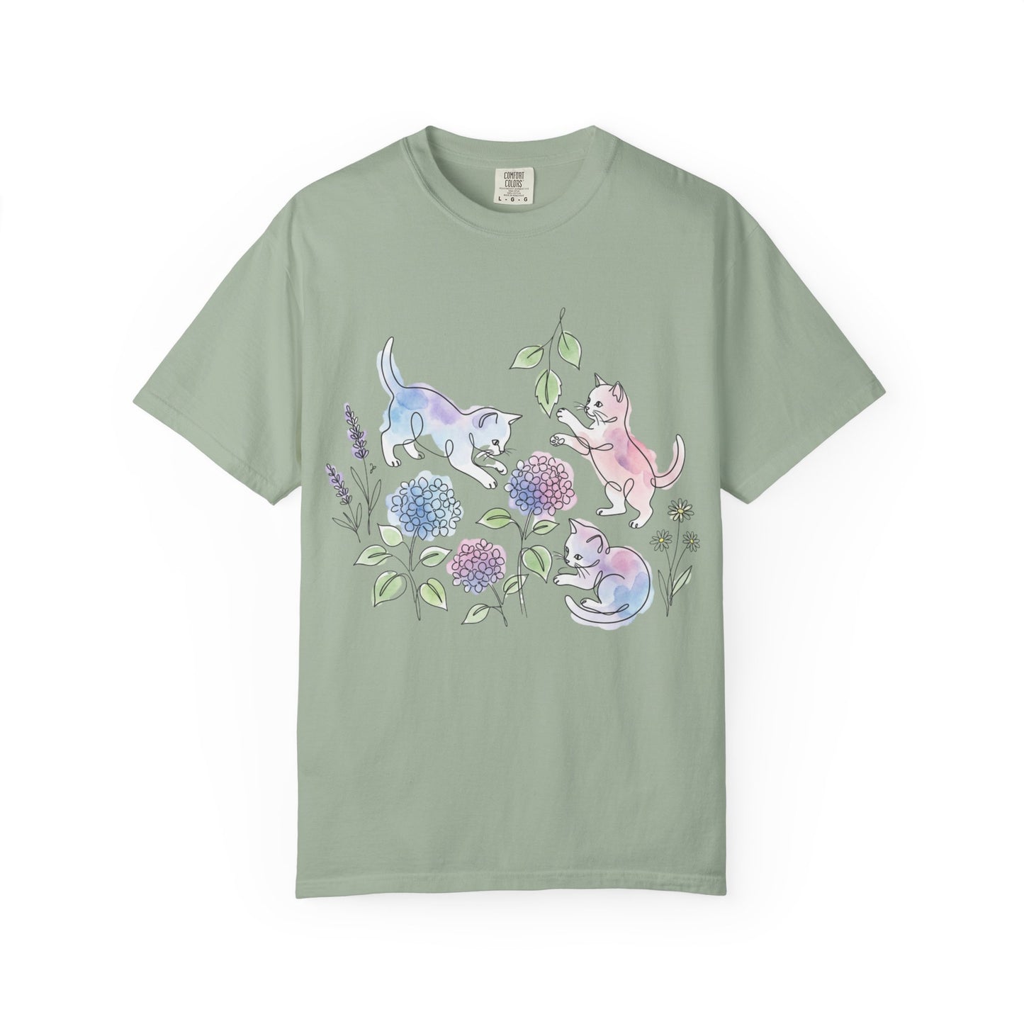 Cottagecore Kitten T-Shirt – Watercolor Floral Cat Graphic Tee on Comfort Colors for Cat & Garden Lovers