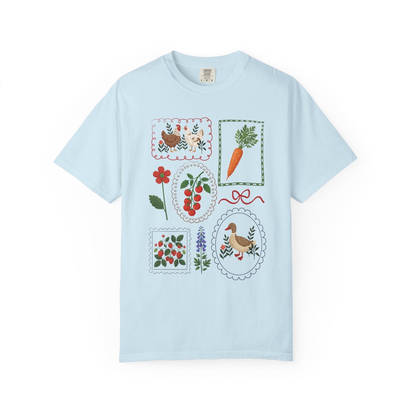 Cottagecore Garden T-Shirt – Vintage Veggie, Chicken & Duck Frame Graphic Tee on Comfort Colors for Gardeners