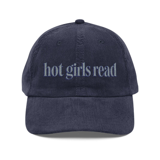 Vintage Corduroy Cap — Embroidered “hot girls read” Baseball Hat