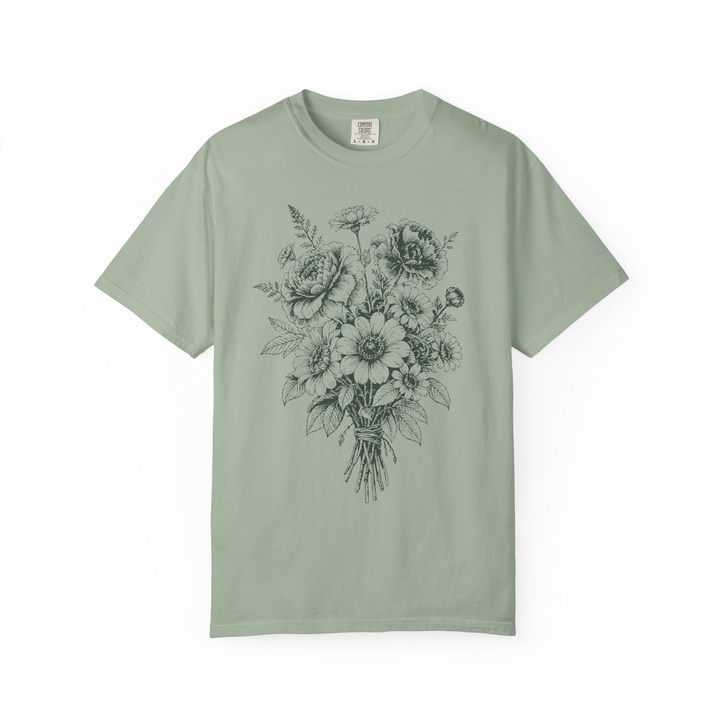 Cottagecore Bouquet T-Shirt – Linocut Vintage Floral Graphic Tee on Comfort Colors for Garden Lovers