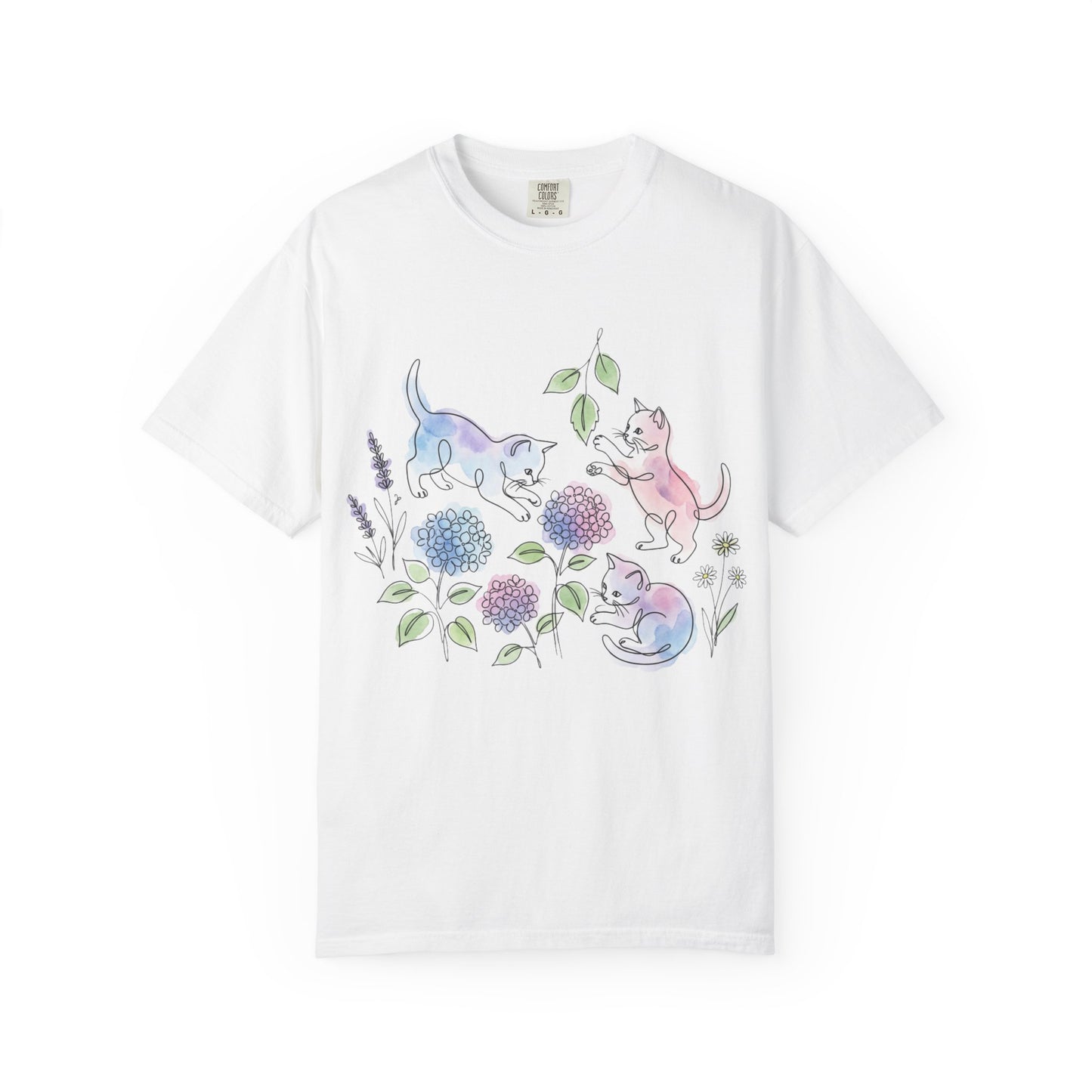 Cottagecore Kitten T-Shirt – Watercolor Floral Cat Graphic Tee on Comfort Colors for Cat & Garden Lovers