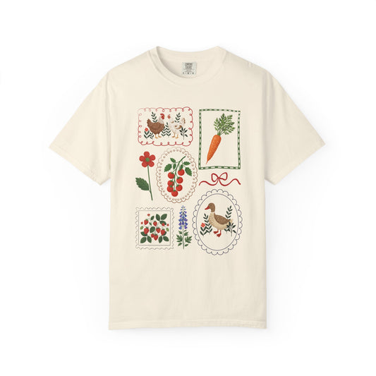 Folk Garden Patchwork T-Shirt | Chicken, Carrot, Flowers, Herbs