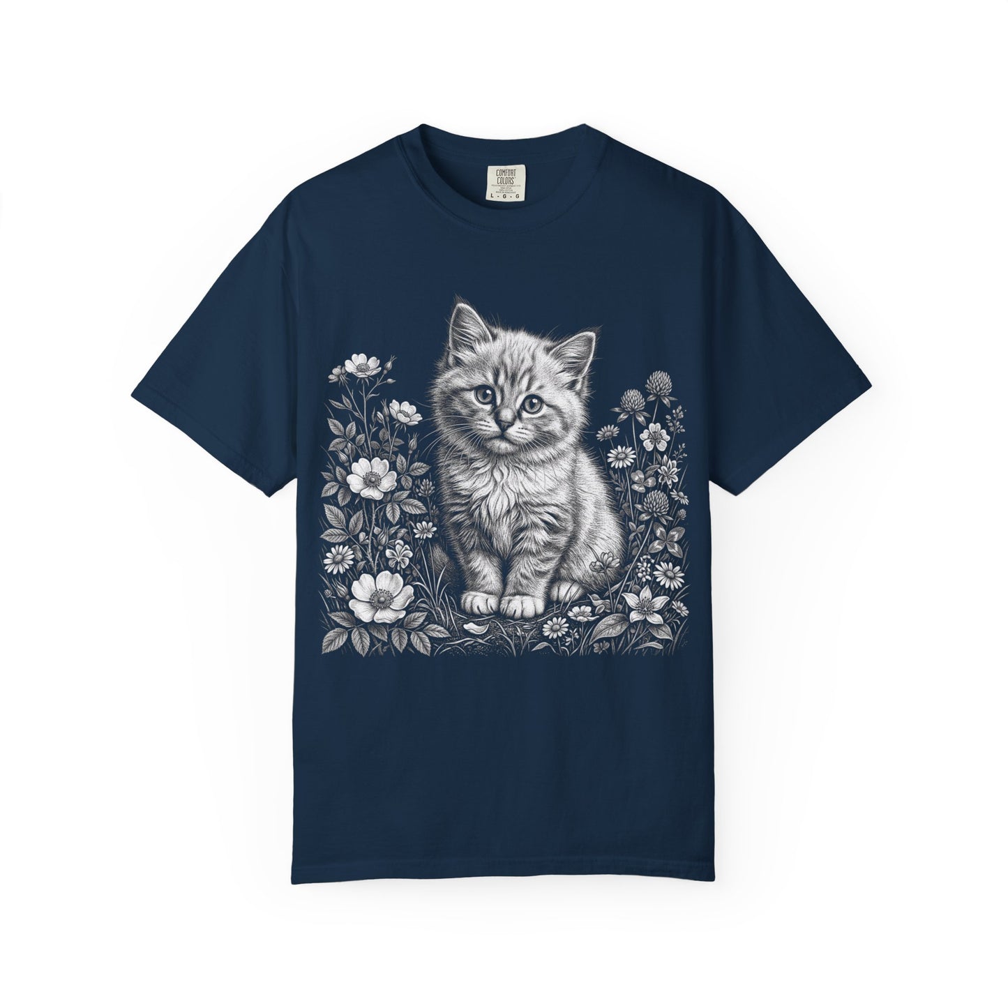 Cottagecore Cat T-Shirt – White Kitten Floral Graphic Tee on Comfort Colors for Cat & Garden Lover