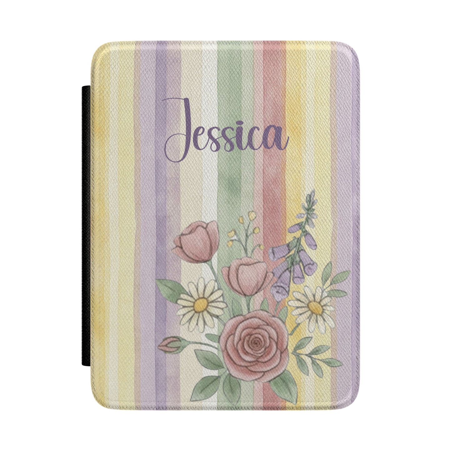 Personalized Cottagecore Kindle Case – Rainbow Stripe Floral Custom Name E-Reader Cover for Book Lovers