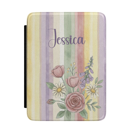 Personalized Cottagecore Kindle Case – Rainbow Stripe Floral Custom Name E-Reader Cover for Book Lovers