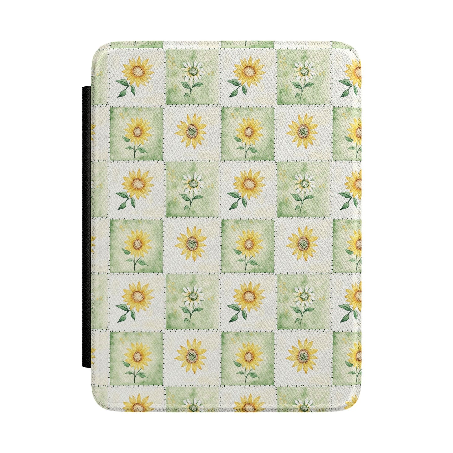 Cottagecore Sunflower Kindle Case – Green Checker Floral Pattern Aesthetic E-Reader Cover for Book Lovers