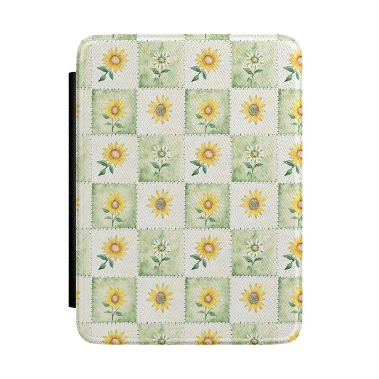 Cottagecore Sunflower Kindle Case – Green Checker Floral Pattern Aesthetic E-Reader Cover for Book Lovers