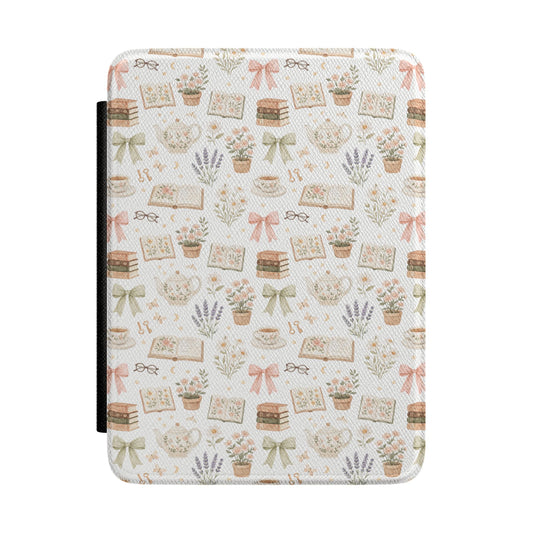 Cottagecore Book Kindle Case – Pink & Brown Books and Teapots Aesthetic E-Reader Cover for Cozy Readers