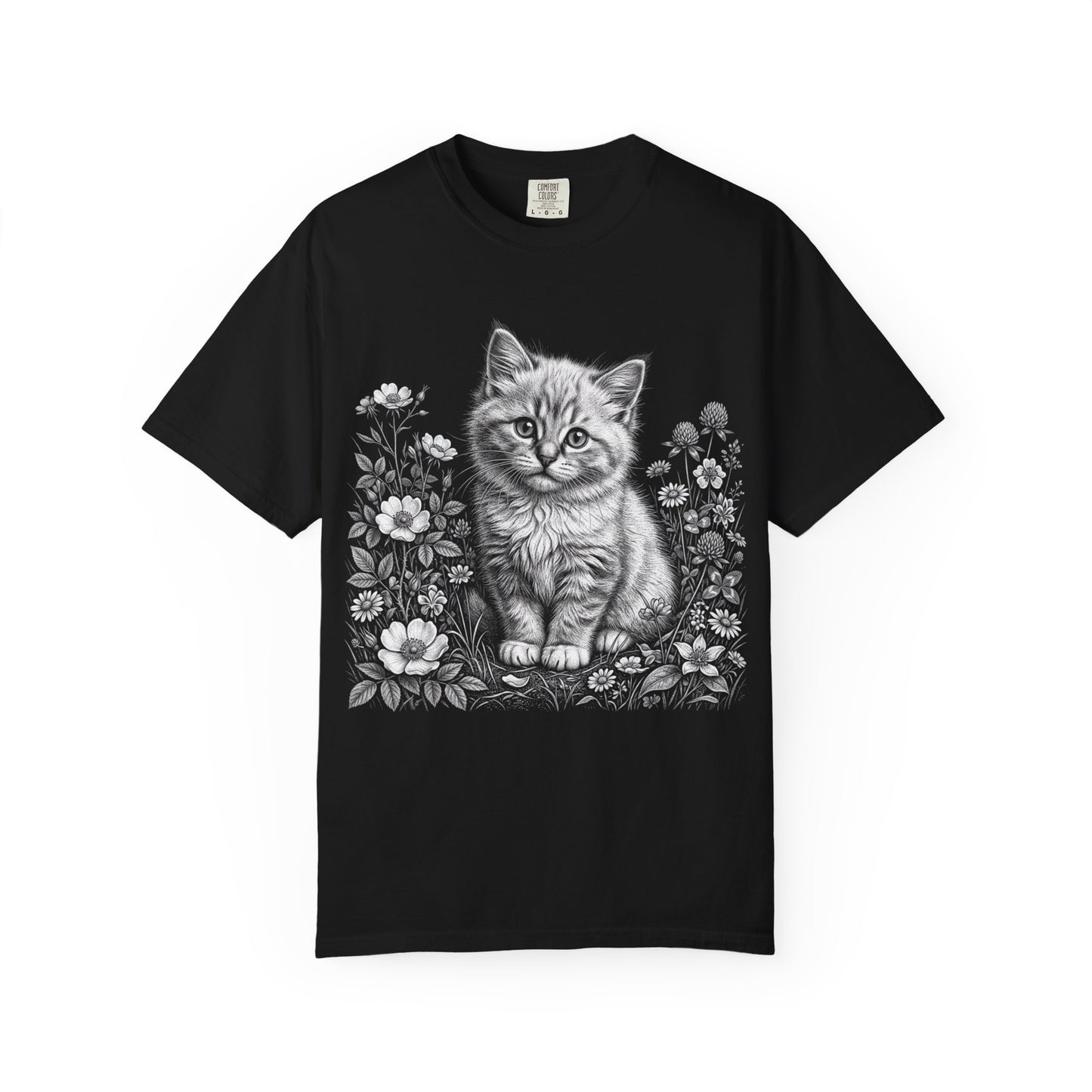 Cottagecore Cat T-Shirt – White Kitten Floral Graphic Tee on Comfort Colors for Cat & Garden Lover