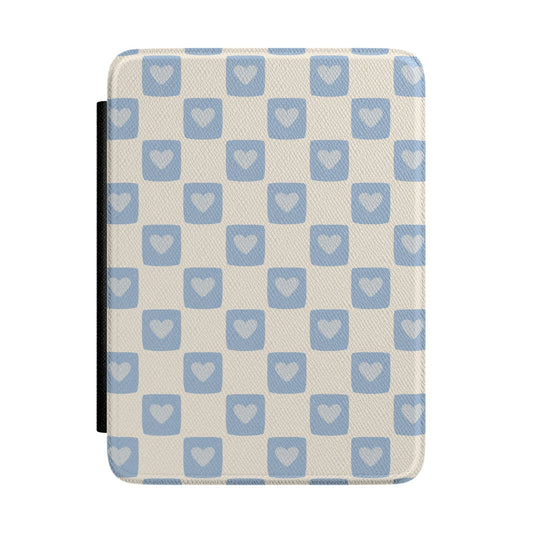 Cute Blue Checker Kindle Case – Heart Pattern Aesthetic E-Reader Cover for Book Lovers