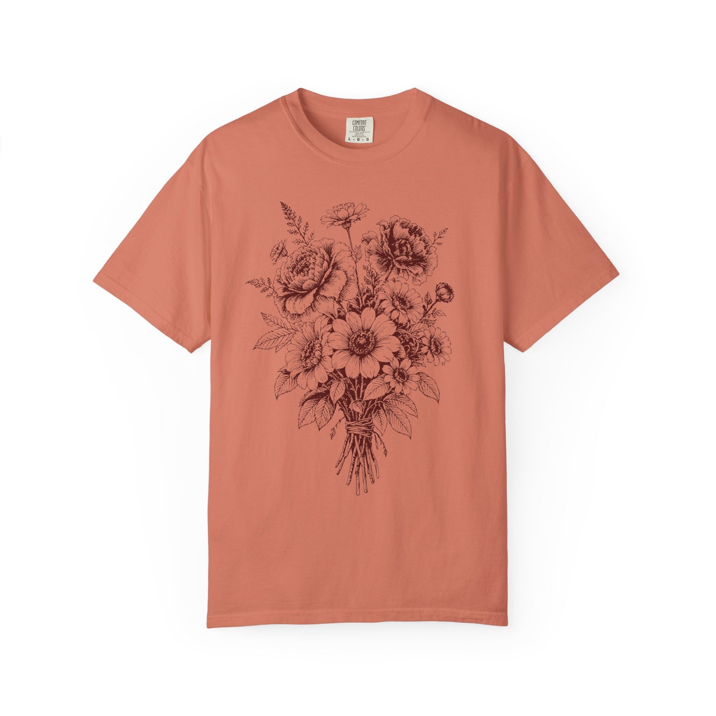 Cottagecore Bouquet T-Shirt – Linocut Vintage Floral Graphic Tee on Comfort Colors for Garden Lovers