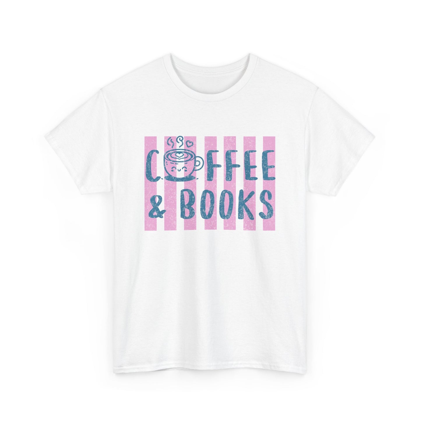 Cottagecore Book Lover T-Shirt – Coffee and Books Pink Graphic on Blue Stripe Tee on Gildan