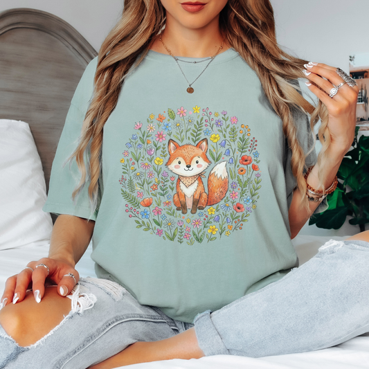 Floral Fox T-Shirt – Colorful Cottagecore Graphic Tee on Comfort Colors 1717