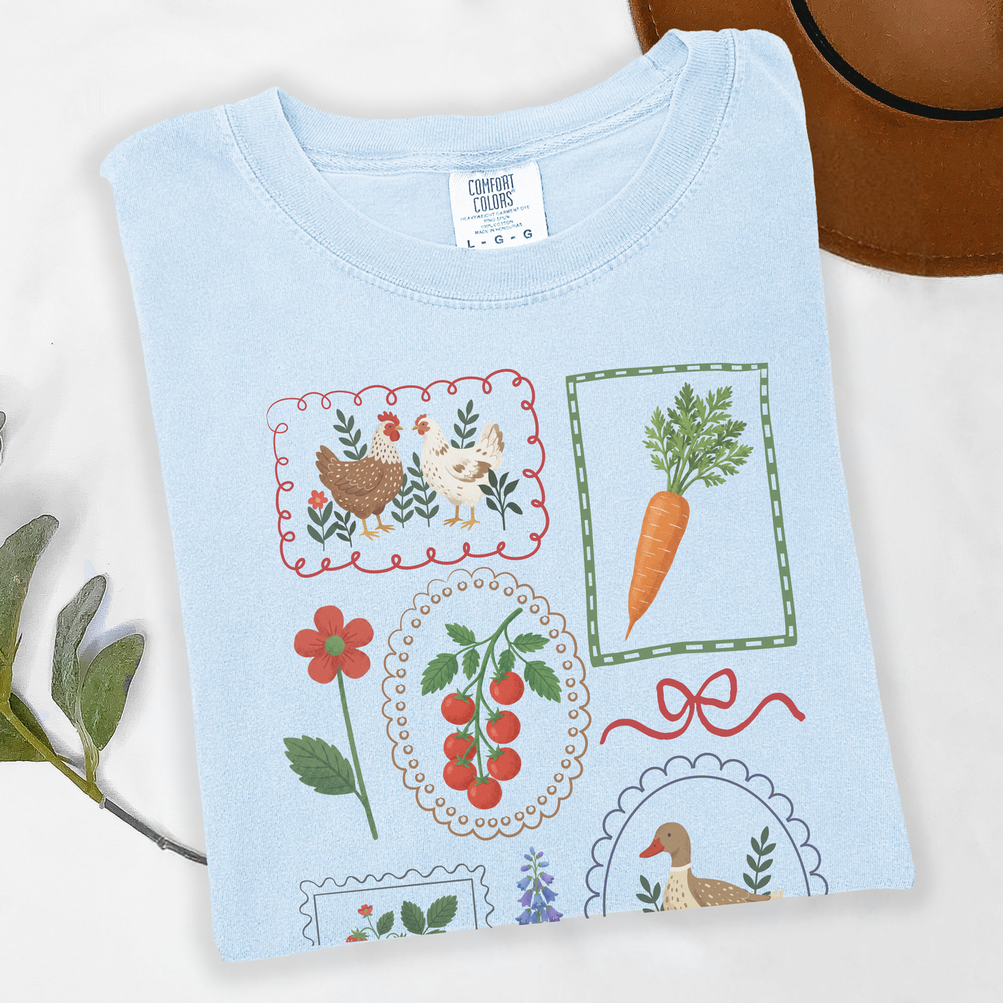 Cottagecore Garden T-Shirt – Vintage Veggie, Chicken & Duck Frame Graphic Tee on Comfort Colors for Gardeners