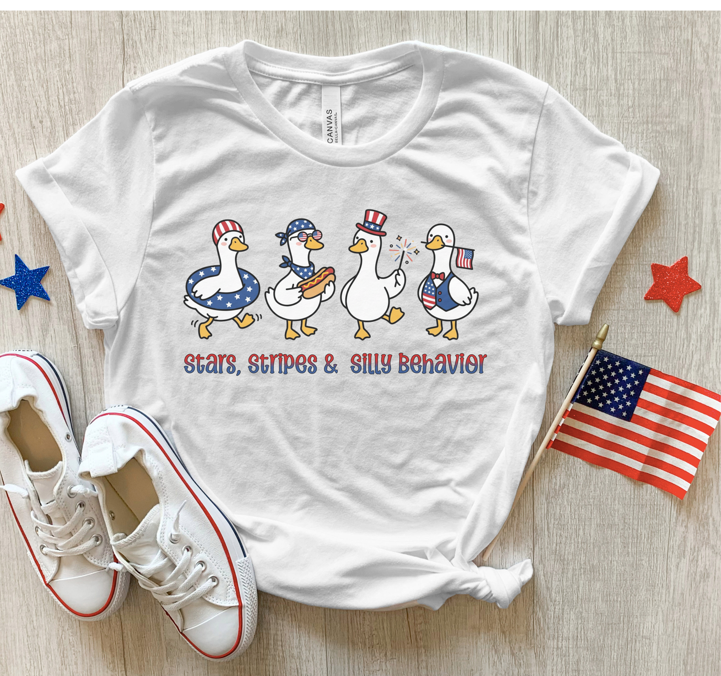 Fourth of July T-Shirt – Star Stripe “Silly Behavior” Cute Graphic Tee on Bella Canvas