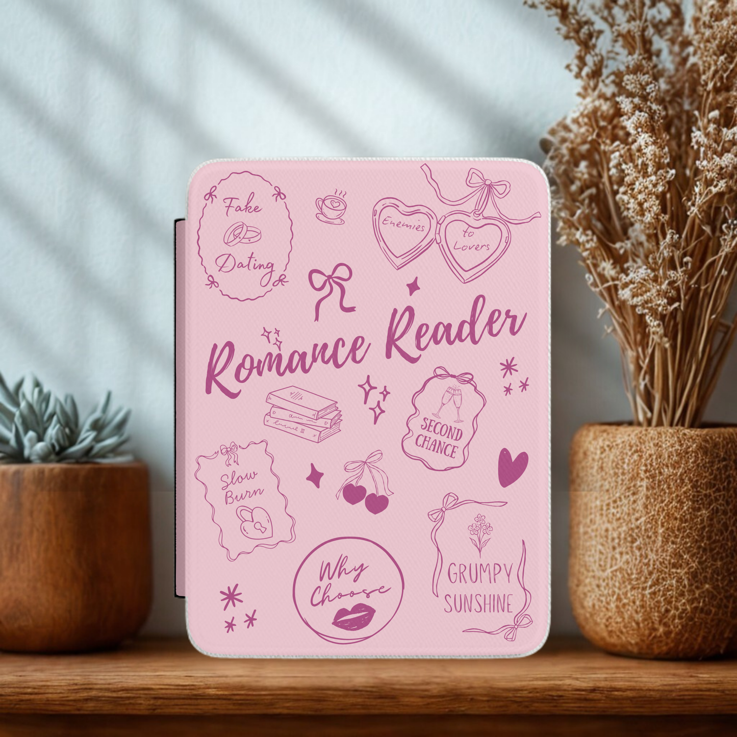 Romance Reader Kindle Case – Pink Book Tropes Aesthetic E-Reader Cover for Romance Lovers