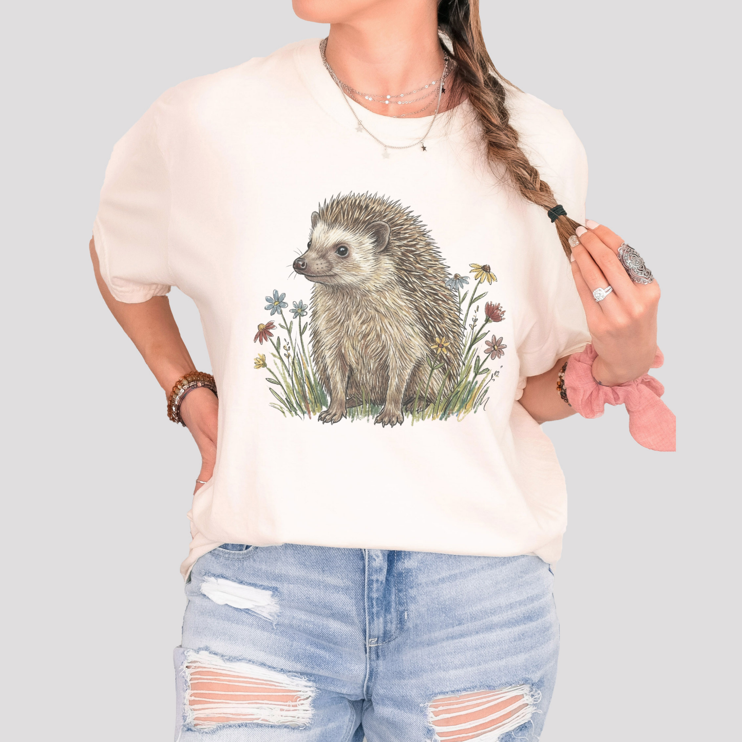 Cottagecore Hedgehog T-Shirt – Floral Woodland Animal Graphic Tee on Comfort Colors for Nature Lovers