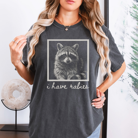 Funny Raccoon T-Shirt – “I Have Rabies” Dark Humor Cottagecore Graphic Tee on Comfort Colors