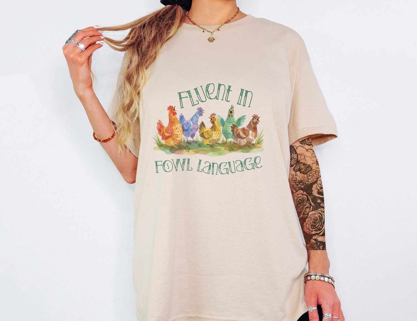 Funny Chicken T-Shirt – “Fluent in Fowl Language” Cottagecore Watercolor Hen Graphic Tee on Gildan