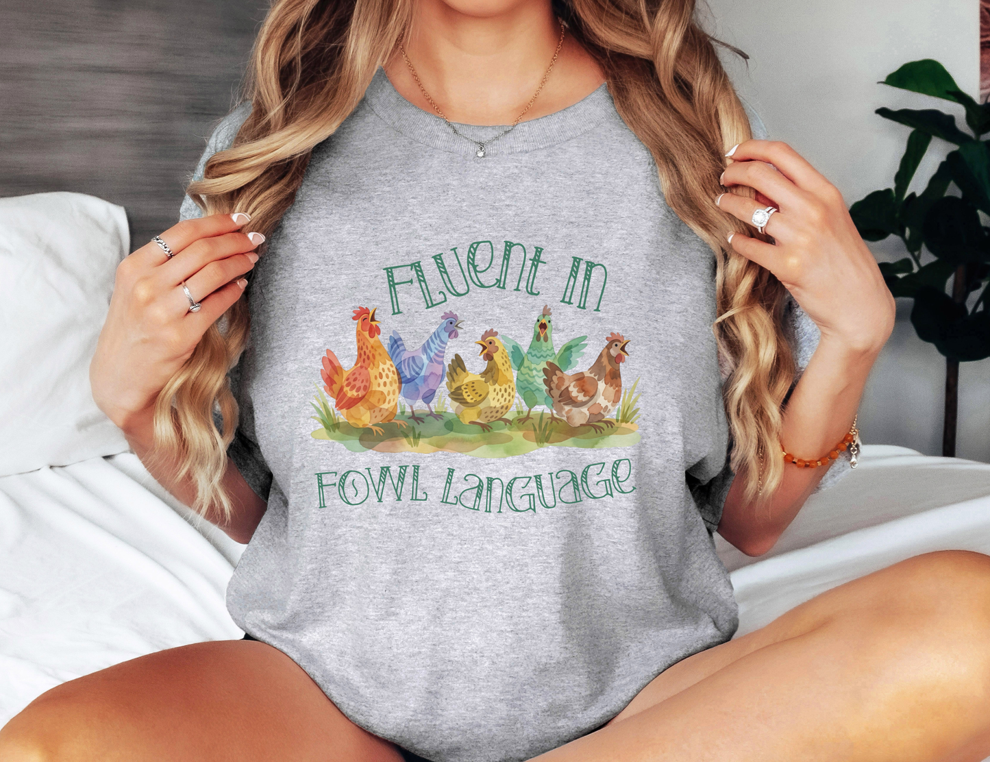 Funny Chicken T-Shirt – “Fluent in Fowl Language” Cottagecore Watercolor Hen Graphic Tee on Gildan