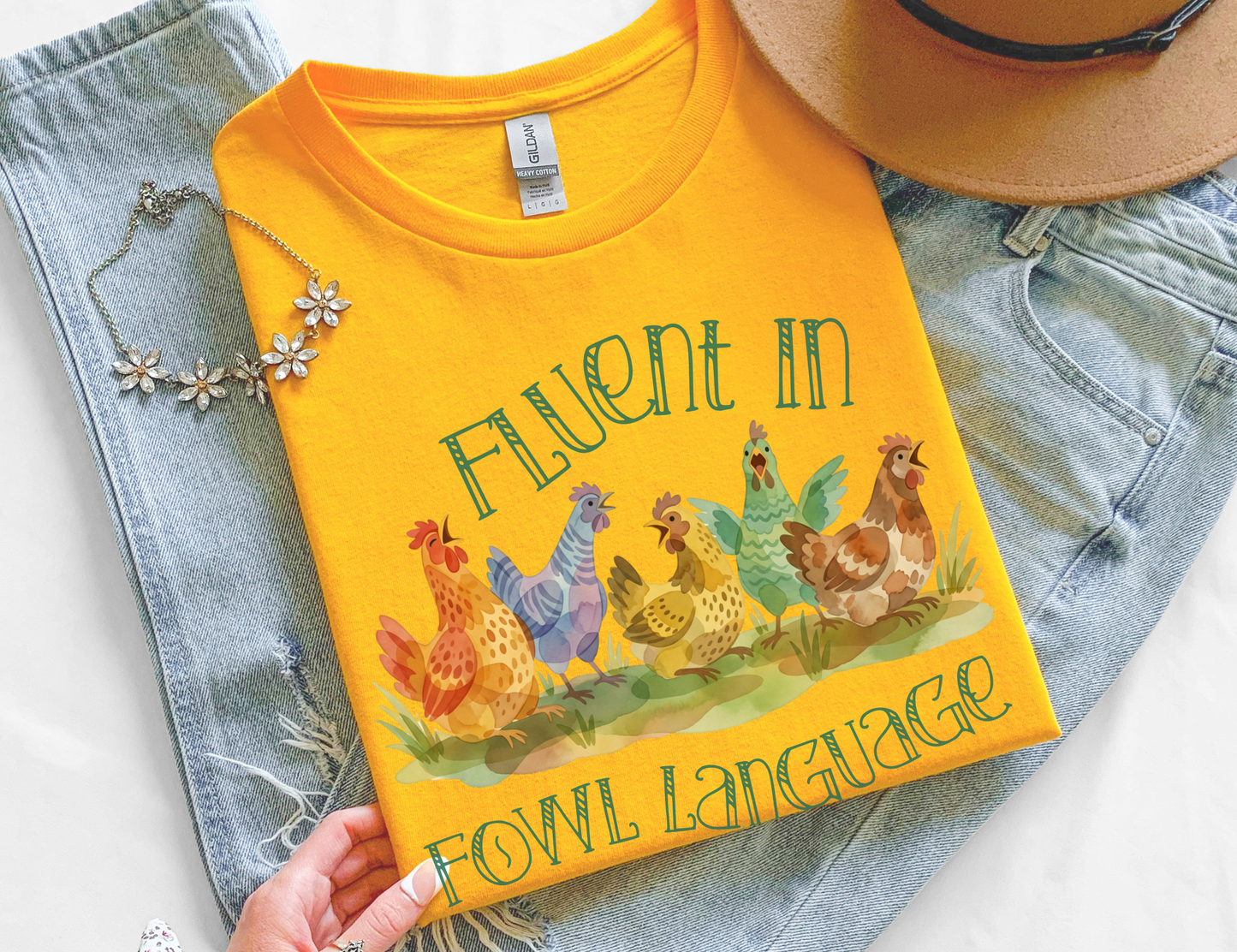 Funny Chicken T-Shirt – “Fluent in Fowl Language” Cottagecore Watercolor Hen Graphic Tee on Gildan