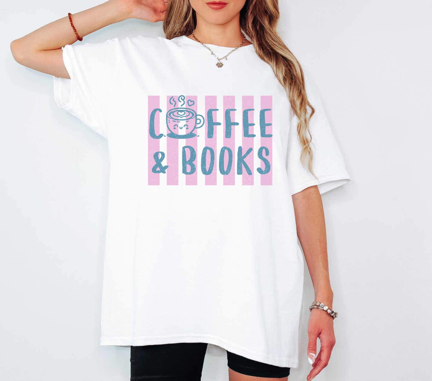 Cottagecore Book Lover T-Shirt – Coffee and Books Pink Graphic on Blue Stripe Tee on Gildan