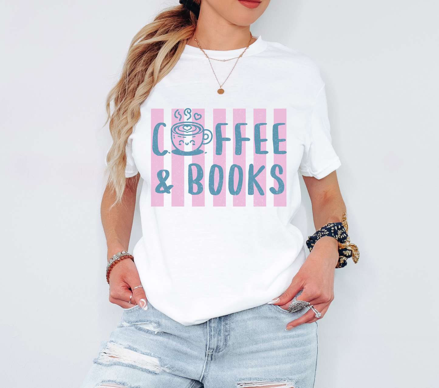 Cottagecore Book Lover T-Shirt – Coffee and Books Pink Graphic on Blue Stripe Tee on Gildan