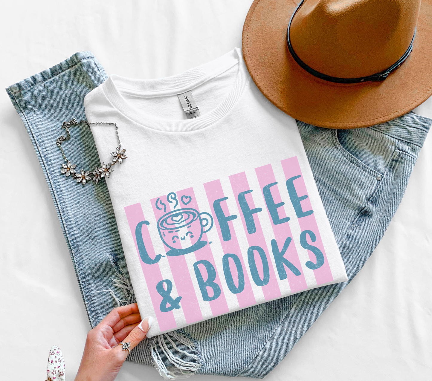 Cottagecore Book Lover T-Shirt – Coffee and Books Pink Graphic on Blue Stripe Tee on Gildan