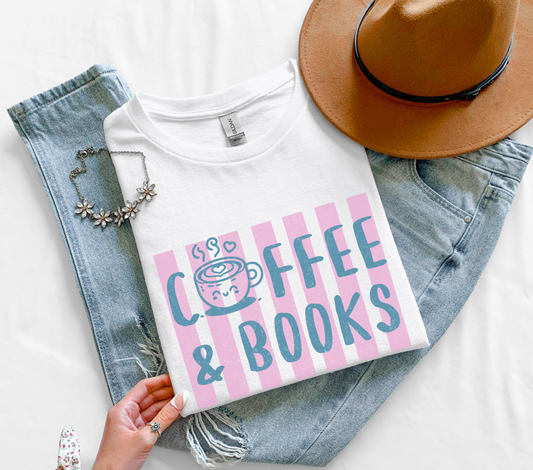 Cottagecore Book Lover T-Shirt – Coffee and Books Pink Graphic on Blue Stripe Tee on Gildan