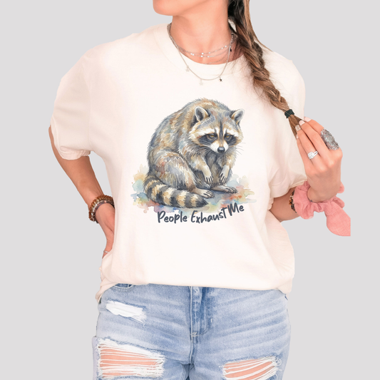 Funny Raccoon T-Shirt – “People Exhaust Me” Cottagecore Graphic Tee on Comfort Colors