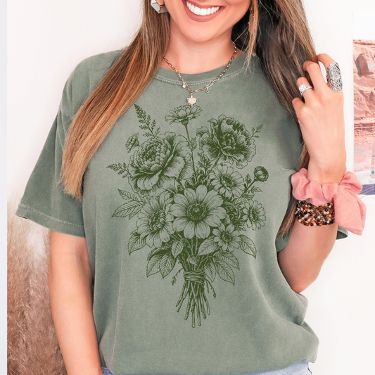 Cottagecore Bouquet T-Shirt – Linocut Vintage Floral Graphic Tee on Comfort Colors for Garden Lovers