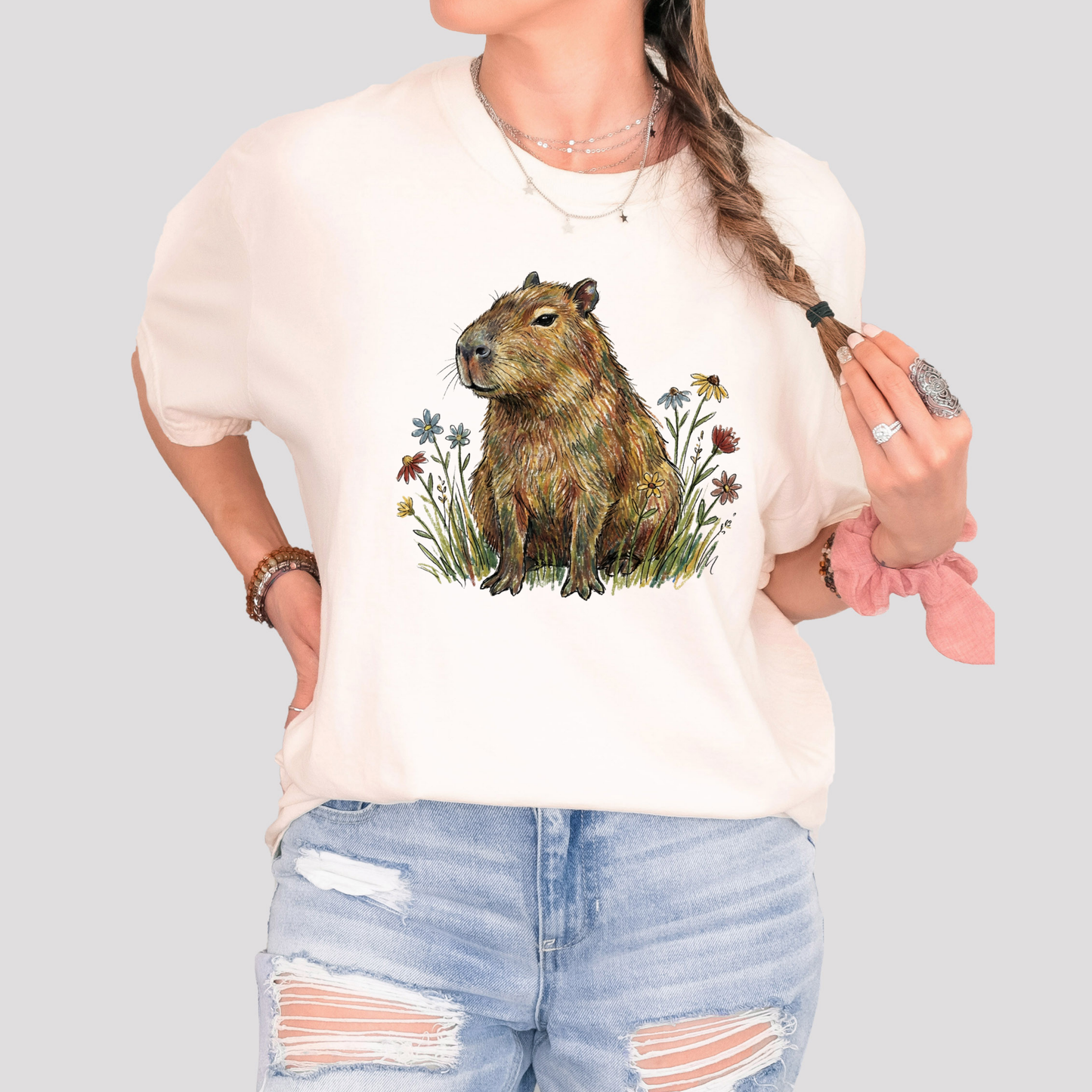 Cottagecore Capybara T-Shirt – Floral Capybara Graphic Tee on Comfort Colors for Animal & Book Lovers