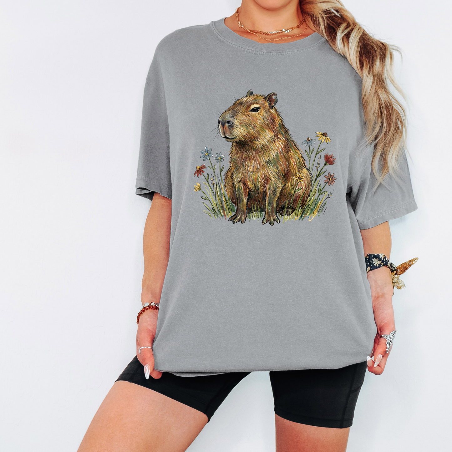 Cottagecore Capybara T-Shirt – Floral Capybara Graphic Tee on Comfort Colors for Animal & Book Lovers