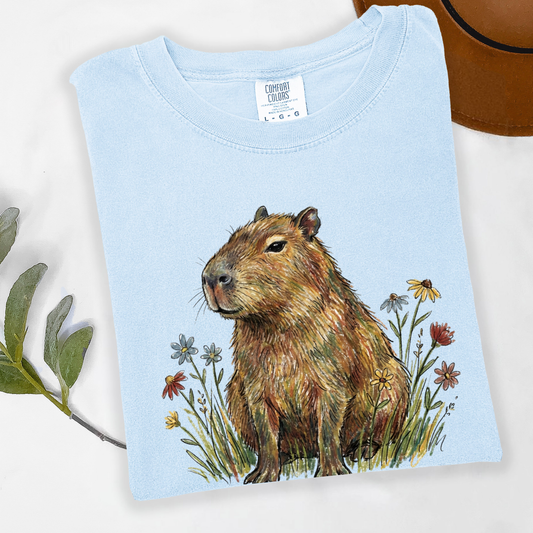 Cottagecore Capybara T-Shirt – Floral Capybara Graphic Tee on Comfort Colors for Animal & Book Lovers