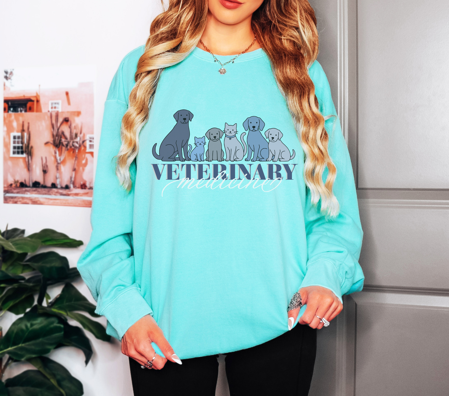 Veterinary Medicine Sweatshirt – Blue Dog & Cat Graphic on Comfort Colors for Vet Techs & Animal Lovers