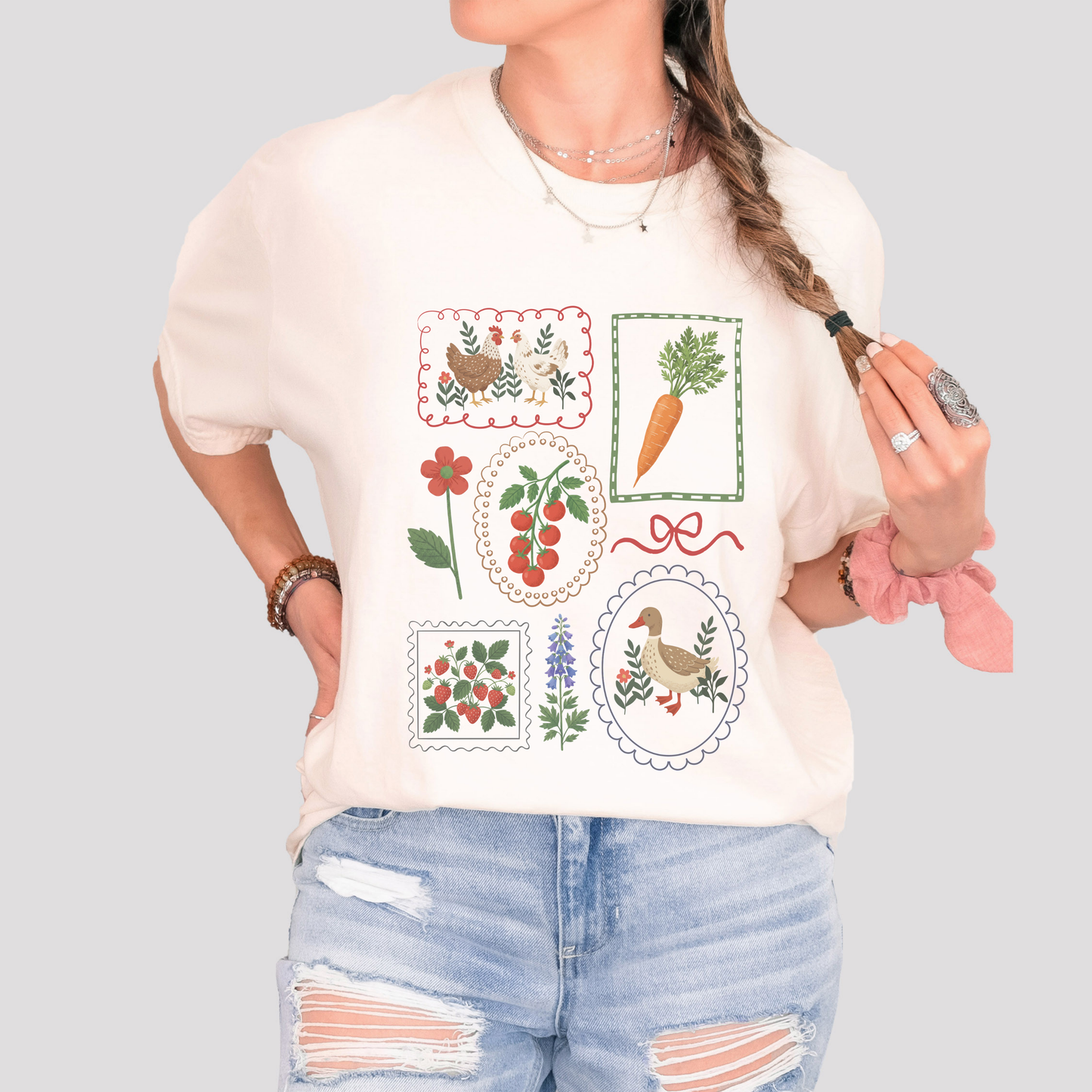 Cottagecore Garden T-Shirt – Vintage Veggie, Chicken & Duck Frame Graphic Tee on Comfort Colors for Gardeners