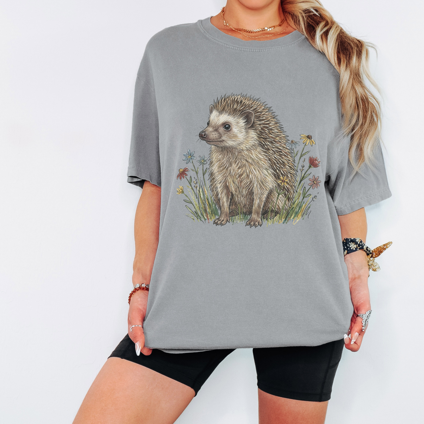 Cottagecore Hedgehog T-Shirt – Floral Woodland Animal Graphic Tee on Comfort Colors for Nature Lovers