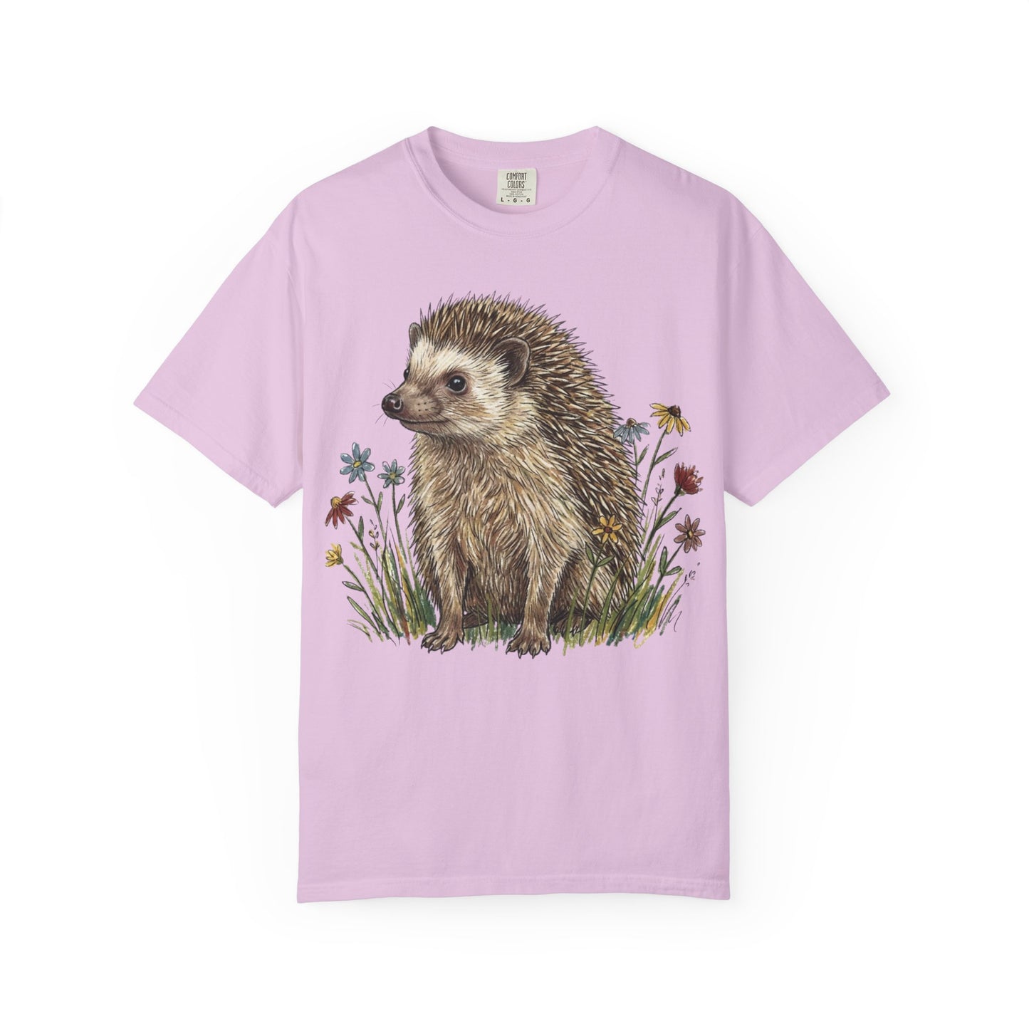 Cottagecore Hedgehog T-Shirt – Floral Woodland Animal Graphic Tee on Comfort Colors for Nature Lovers