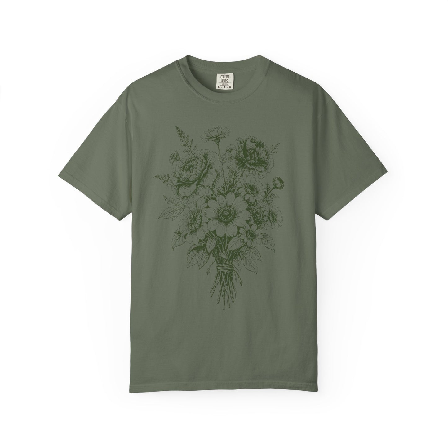 Cottagecore Bouquet T-Shirt – Linocut Vintage Floral Graphic Tee on Comfort Colors for Garden Lovers