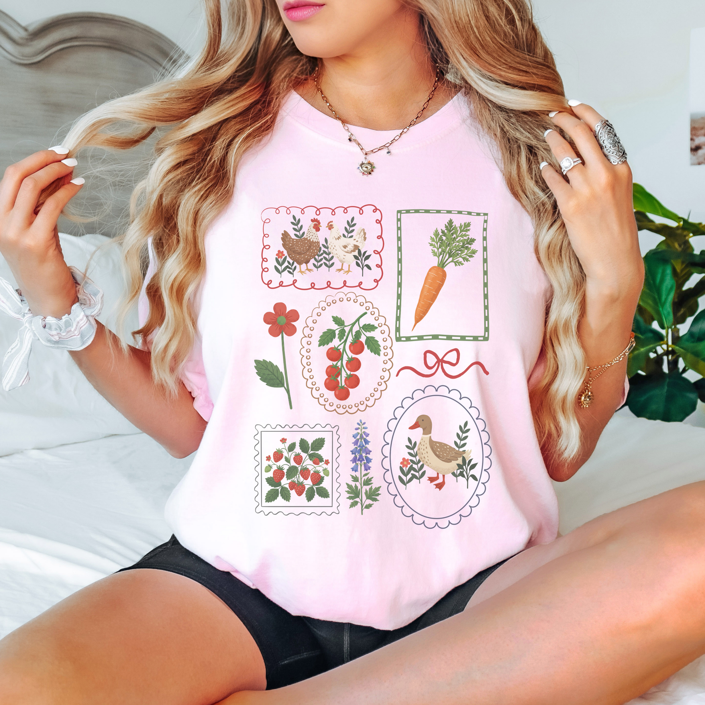 Cottagecore Garden T-Shirt – Vintage Veggie, Chicken & Duck Frame Graphic Tee on Comfort Colors for Gardeners