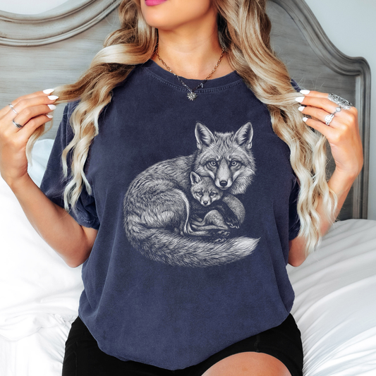 Whimsical Fox T-Shirt – Cottagecore Mama & Baby Fox Graphic Tee on Comfort Colors for Nature Lovers