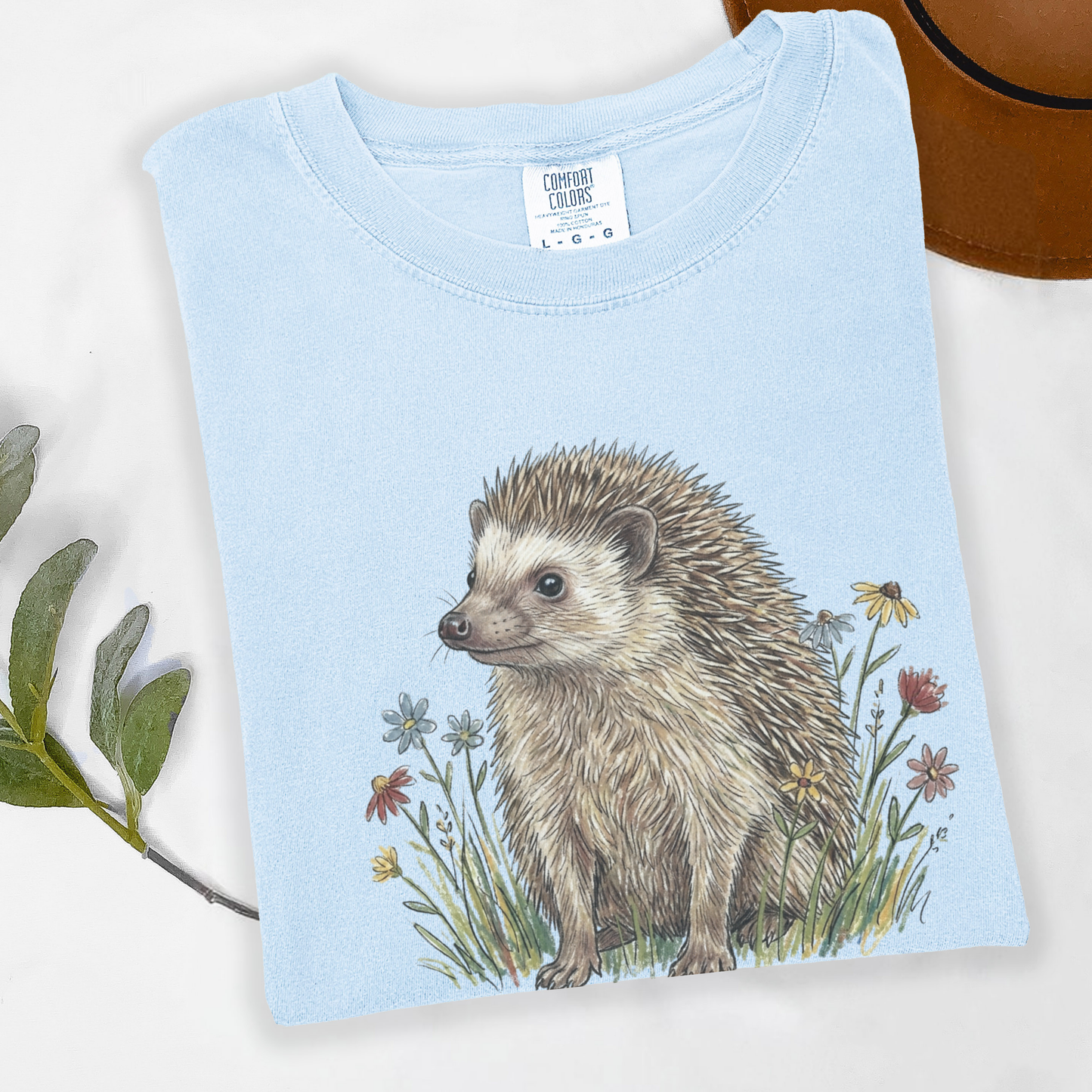Cottagecore Hedgehog T-Shirt – Floral Woodland Animal Graphic Tee on Comfort Colors for Nature Lovers