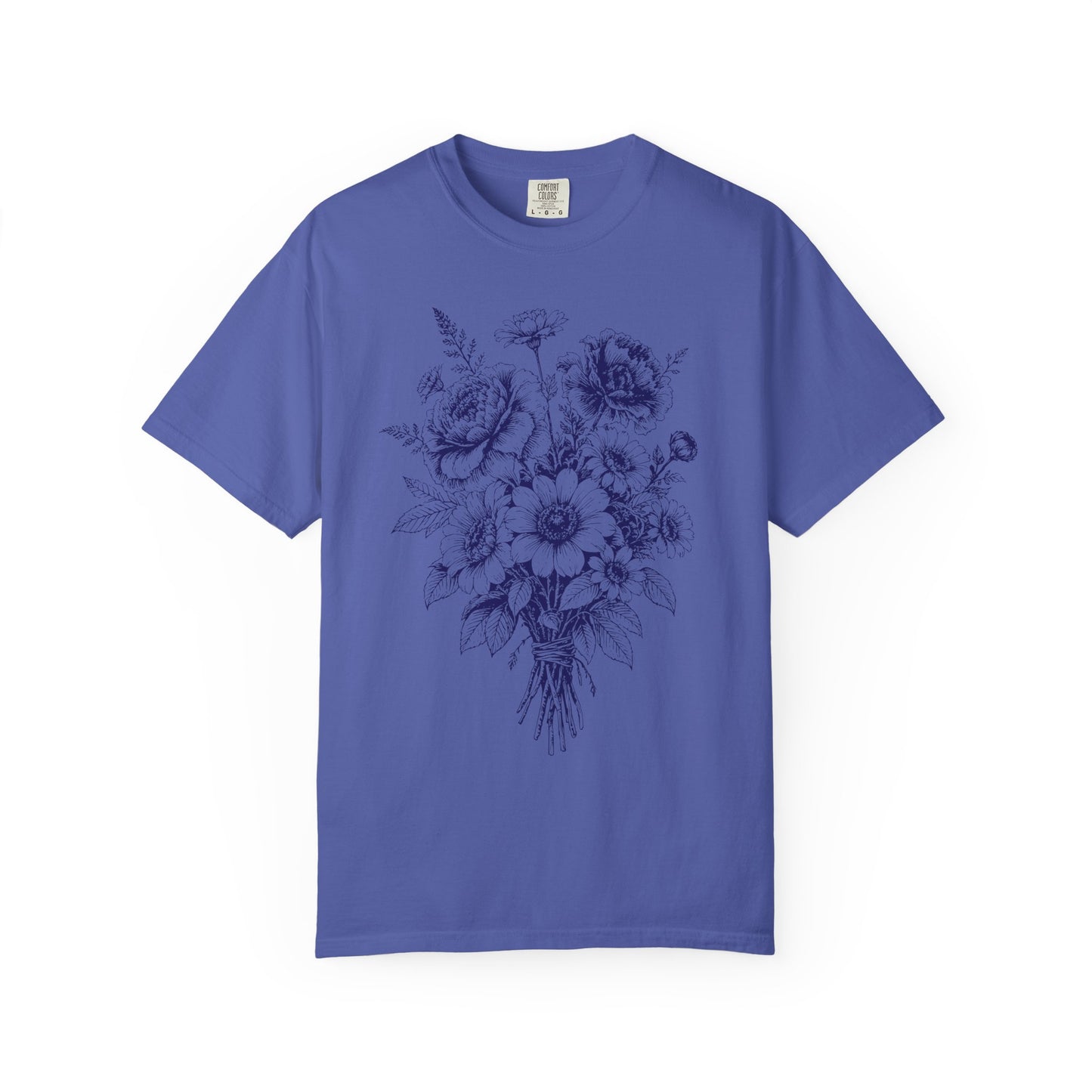 Cottagecore Bouquet T-Shirt – Linocut Vintage Floral Graphic Tee on Comfort Colors for Garden Lovers
